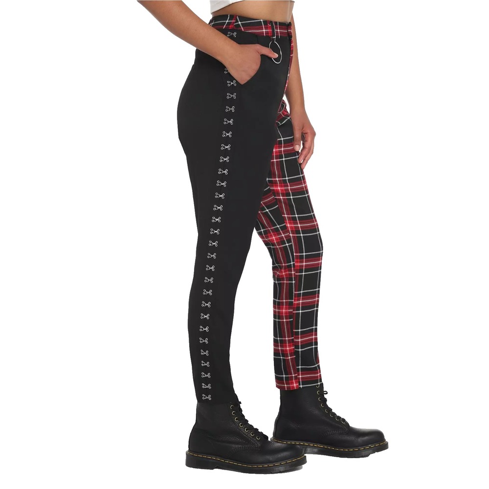 Hot Topic Split Tartan Pants Womens XL Punk Rock Hook Eye Mall Goth Mixed Media